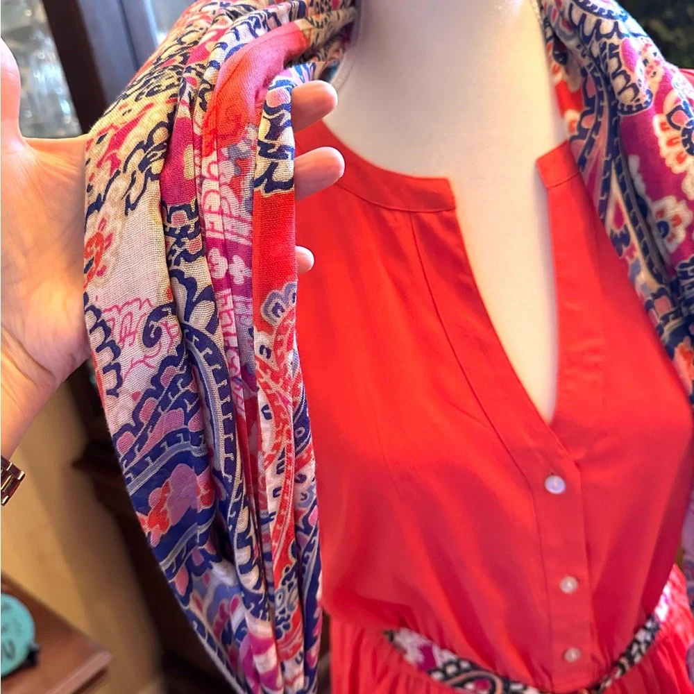 Tommy Hilfiger Coral Button-Front Dress with Printed Scarf Detail - Picture 2 of 11